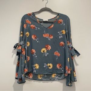 floral long sleeve flowy blouse with bows at sleeves